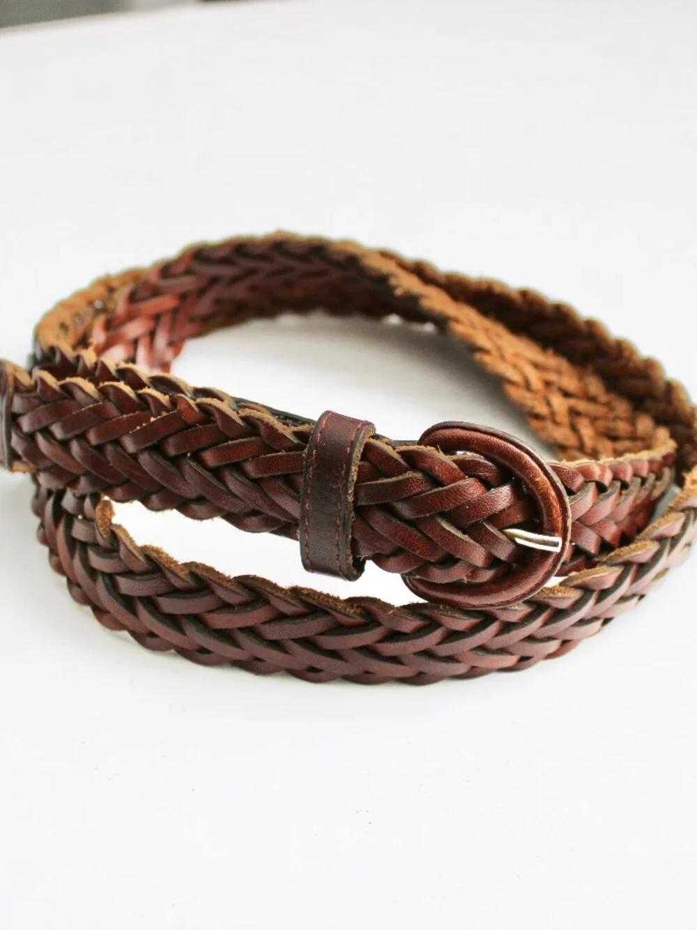 Vintage 90's Men's Brown Woven Braided Leather Buckle Waist Belt Size 34